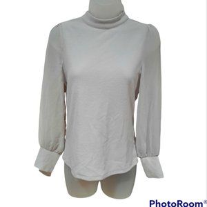 Ann Taylor Petite Mock Neck Blouse Sheer Sleeves with 3 button cuffs